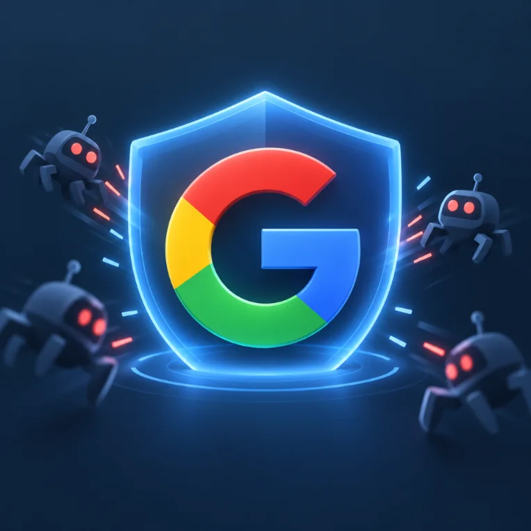 Le logo Google dans un bouclier, entouré de bots