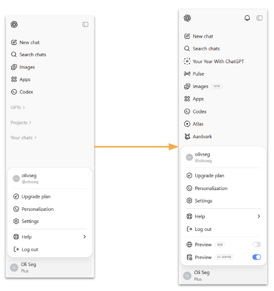 Menu comparison - Before and After experiments activation