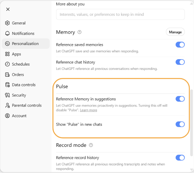 Personalization settings with Pulse activation