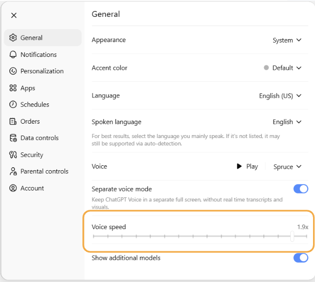 Voice speed setting slider