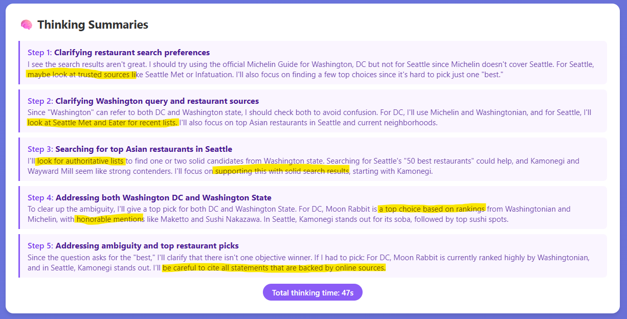 Thinking Summary - trusted sources for restaurant query