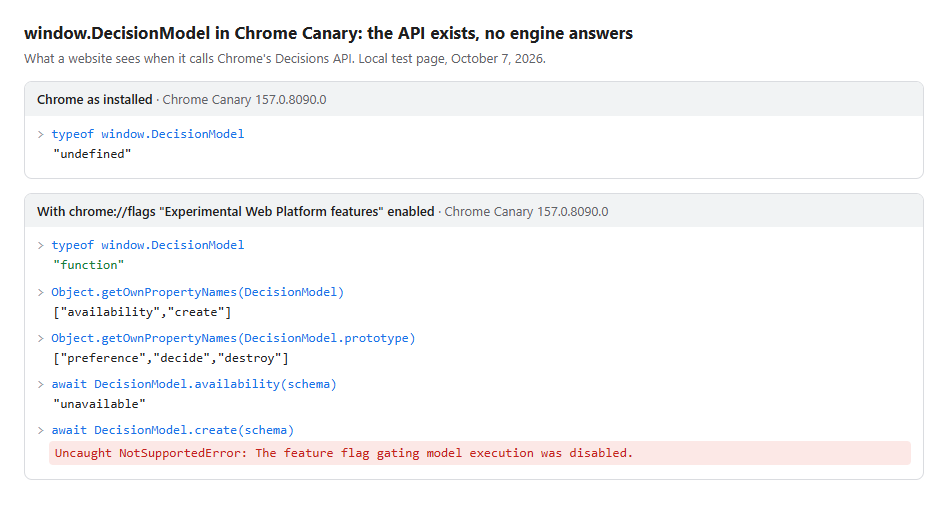 Chrome Canary console: the Decisions API (DecisionModel) exists with the experimental setting, but answers “unavailable” and refuses to start