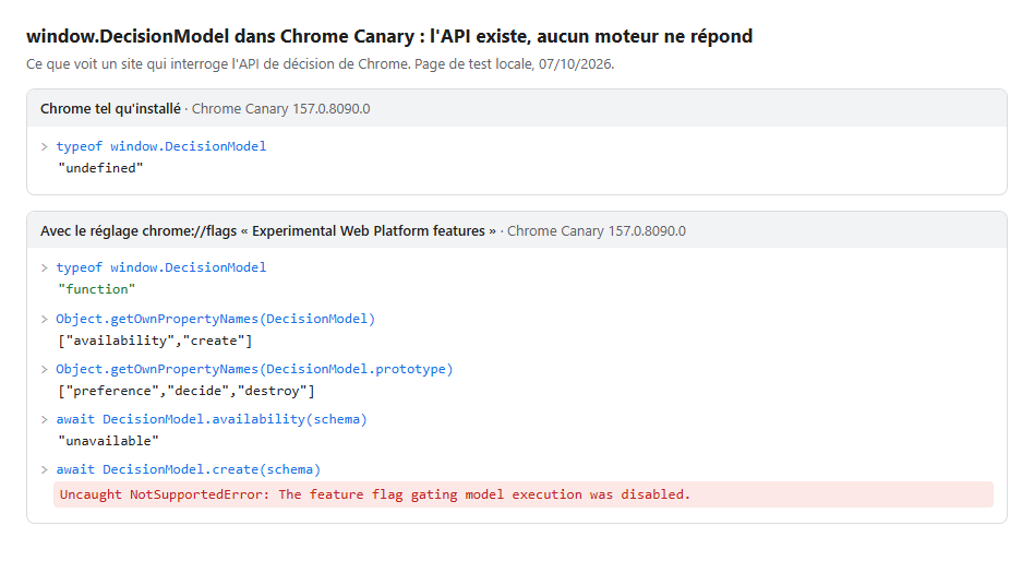Console de Chrome Canary&nbsp;: l’API de décision (DecisionModel) existe avec le réglage expérimental, mais répond «&nbsp;unavailable&nbsp;» et refuse de démarrer