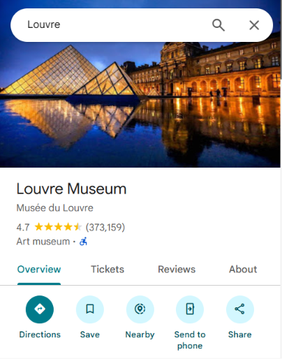 La fiche du Louvre dans Google Maps : sous le nom, la note, puis la mention « Art museum »