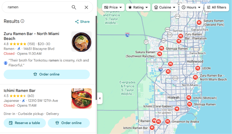 Résultats de la requête ramen dans Google Maps : sous le premier nom la mention « Ramen », sous le second la mention « Japanese »