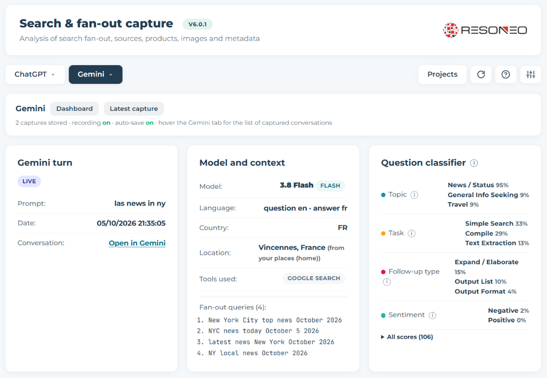 Plugin interface showing Gemini searches and prompt classification